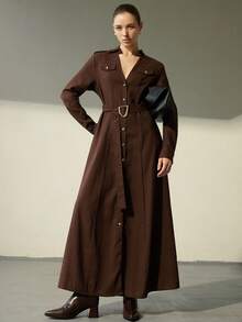 Aveloria Modichic Vestido de manga larga y largo de talle medio con hebilla asimétrica minimalista de moda, hecho de lino, para otoño - Marrón - Ver 6