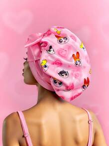 THE POWERPUFF GIRLS X SHEIN 双层升级护发帽，宽弹力缎面睡帽，柔软舒适，适合日常居家佩戴，粉色爱心和“花朵、泡泡和毛茛”图案 - 粉色 - 查看 7