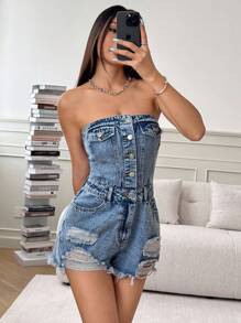 SHEIN PETITE Women's Simple Daily Blue Denim Jumpsuit - Light Wash - View 4