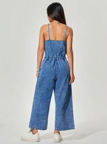 SHEIN EZwear 女式抽绳宽松连体裤搭配阔腿牛仔背带裤 - 深色水洗藍 - 查看 2