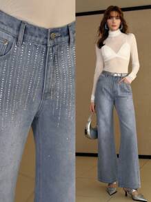 MOTF PREMIUM RHINESTONE DETAIL FLARE LEG JEANS - Blue - View 8