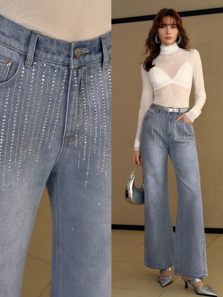 RHINESTONE DETAIL FLARE LEG JEANS