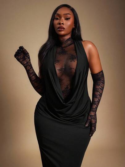 Radiana 加大码优雅华丽性感蕾丝拼接垂坠领深 V 修身连衣裙派对礼服，适合舞会、舞会、巡航装扮、情人节