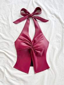 Soleia 度假时尚性感蝴蝶结吊带扭纹下摆开衩露背背心，仿皮，波西米亚风，波西米亚风，浪漫花卉仿皮上衣红色吊带上衣酒红色吊带上衣