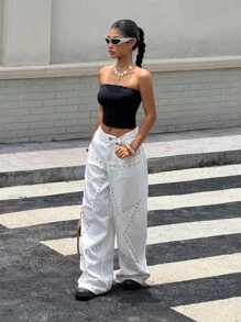 SHEIN EZwear Quần ống rộng túi đính hạt thường ngày cho nữ - trắng - Xem 4