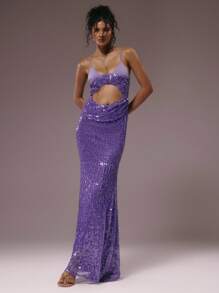 MUSERA Double Layer Sequin Cut Out Fitted Maxi Dress Purple Summer 70's Club Night Party Disco Draped Front Beaded Strapless Wedding Guest Long Dress - Purple - View 5