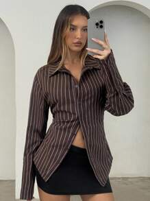 Aloruh Women's Elegant Striped Button-Up Cinched Waist Shirt, Back To School Teacher, Fall Clothes For Women, Fall Tops, Brown Shirt, Brown Tops - Multicolor - View 2