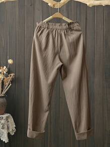 SHEIN PETITE CURVE 大码宽松休闲时尚女裤 - 咖啡棕 - 查看 2