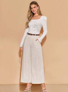 Amorya Quần vải lanh trơn màu thanh lịch thường ngày có nút thắt bằng tre - Màu be - Xem 3