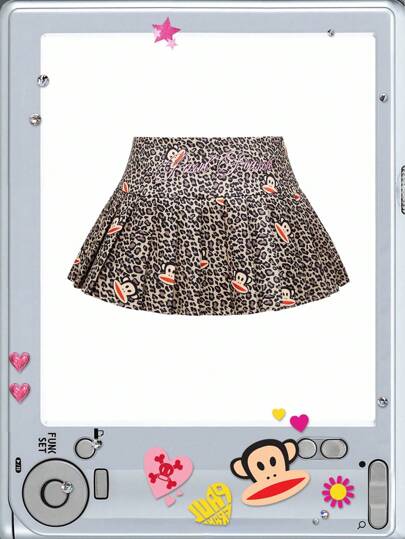 Paul Frank X ROMWE Gonna plissettata con stampa leopardata e scimmia, di moda per le donne