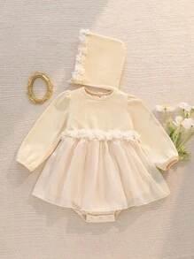 SHEIN Baby Girls' Sweet Princess Style Knitted Ribbed Crew Neck Ruffle Hem Long Sleeve Bodysuit With Adorable Hat - Apricot - View 1