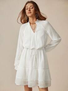 Florisole Vestido elegante de mujer con dobladillo con volantes, textura romántica de lunares blancos, adorno de encaje multicapa, vestido con cuello en V y cinturón en la cintura, otoño - Albaricoque - Ver 4