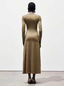 Lumivelle Robe midi moulante élégante à col rond fendue et froncée pour femmes, style Maillard, vêtements pour l'université - Tabac - Voir 3