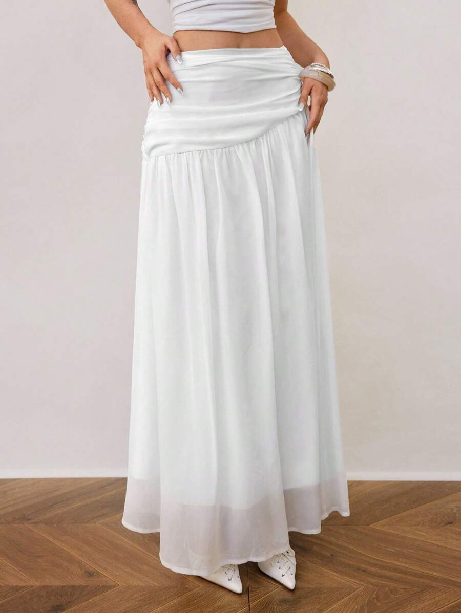 SHEIN Tall 女士休闲通勤简约纯色百褶腰裙 - 白色 - 查看 1