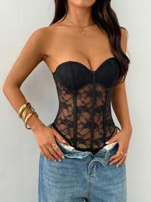 SHEIN PETITE 女士黑色蕾丝紧身衣：无肩带无袖针织透明花卉内衣上衣 - 黑色 - 查看 7