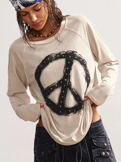 Bohemela BOHO Women's Casual Long Sleeve Loose Washed Peace Graphic With Studded Detail T-Shirt , Vintage Western Country Style Concert Vacation, Back To School, Suitable For Autumn/Winter