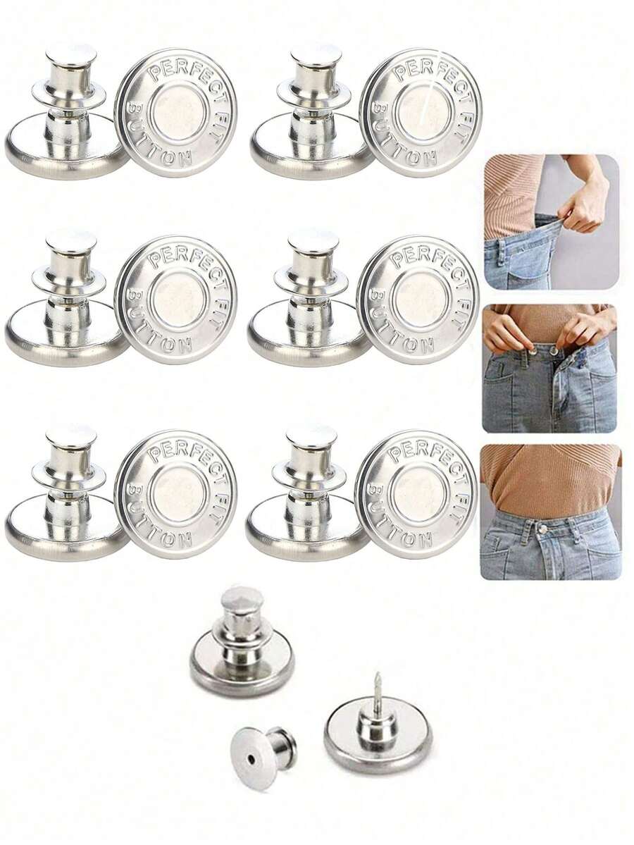 SHEIN 6/12 Nút quần jean thay thế 17mm Bộ dụng cụ sửa nút kim loại không cần khâu, không cần đinh, Nút quần jean thay thế có thể tháo rời, Combo dành cho ngày lễ tình nhân, đám cưới, sinh nhật, nút, may vá, vật dụng may vá, phụ kiện may vá, vật dụng thủ công, tự làm, đồ thủ công cho người lớn - Bạc - Xem 1