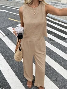 Serisse 2pcs Women Solid Color Round Neck Backless Sleeveless Top And Pants Set Brown Summer Casual