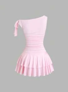 Sweetra 女式夏季简约金属装饰不对称肩部荷叶边下摆连衣裙