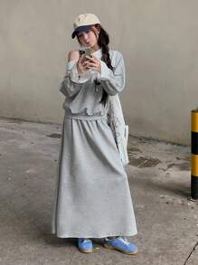 DAZY 女士不对称领长袖卫衣半裙两件套，秋冬款 - 深灰色 - 查看 6