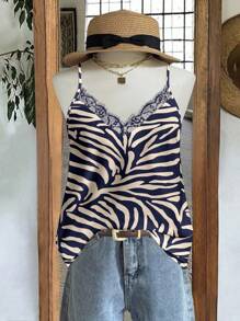 EMERY ROSE Plus Size Zebra Stripe Print Splice Lace Camisole Top, Suitable For Summer Woman S Summer Clothes Women Tops For Summer Vcay - Multicolor - View 1