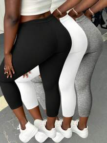 Plus Size Casual Solid Color Leggings, Versatile For Everyday Wear - Multicolor - View 1