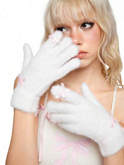 Kawaii 1 Pair Cute Lolita Style Plush Gloves With Bow Decor, Warm Gloves For Daily Wear In Winter