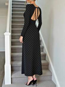 Cévolie 女士时尚波尔卡圆点修身系带长袖中长连衣裙 - 彩色 - 查看 2
