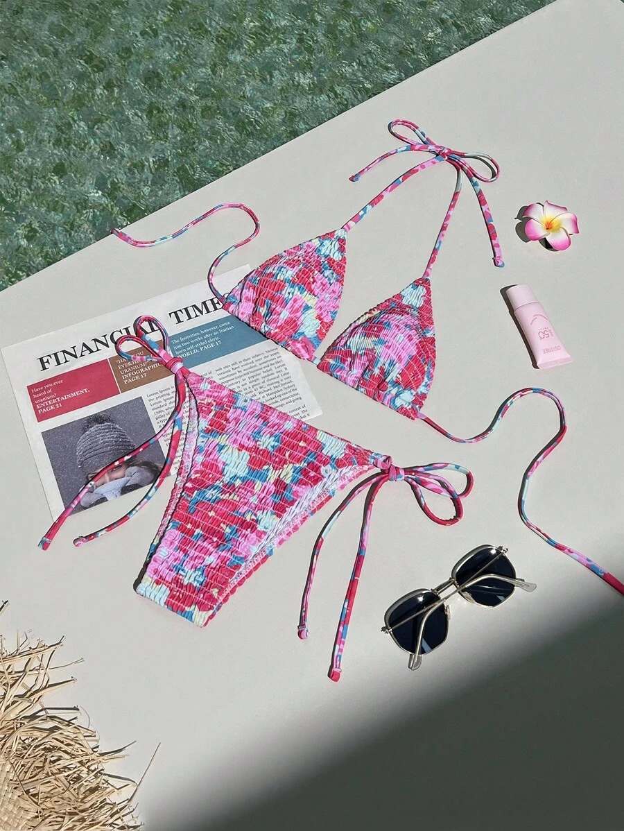Summer Beach Floral Print Smocked Halter Triangle Bikini Set - Pink - View 1