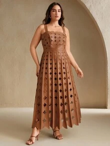 Anewsta 大码女式新款卡其色优雅细肩带A字连衣裙 - 卡其色 - 查看 3