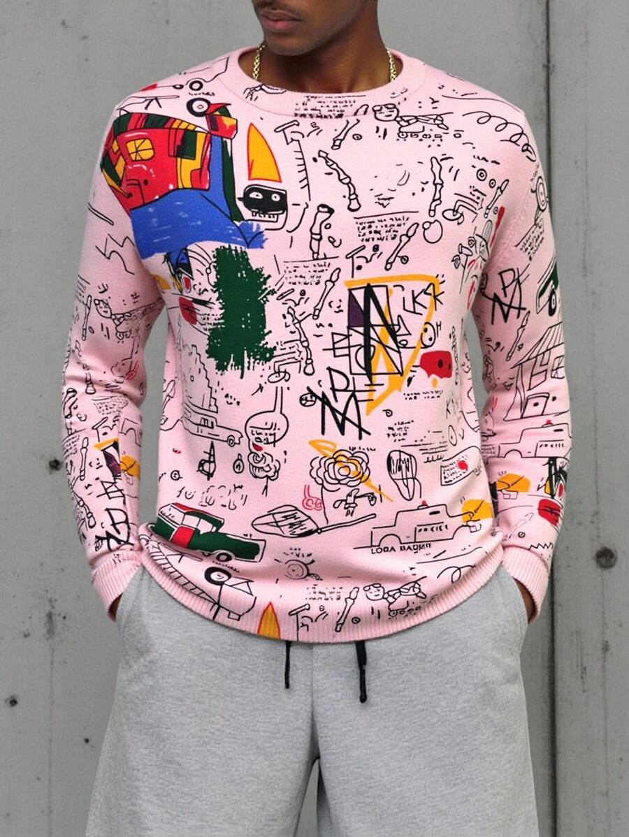 Manfinity Homme Men's Christmas Family Cartoon Pattern Men Sweater Casual Crew Neck Long Sleeve Sweater, Christmas - Baby Pink - View 1