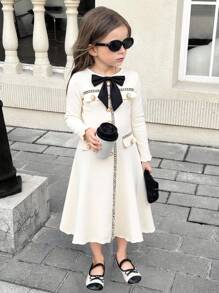 SHEIN Serisse Kids 年轻女孩优雅丝带拼布撞色蝴蝶结装饰长袖中长连衣裙，适合返校和活动 - 白色 - 查看 2