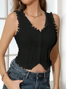 INAWLY Plus Size Women Solid Color Contrast Lace Front Button Decoration Fashion Black Tank Top - Black - View 3
