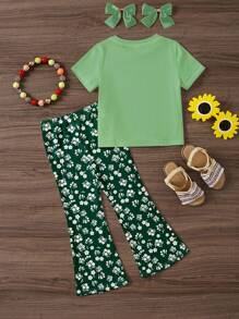 SHEIN Young Girl Cute Vintage Floral Printed 2 Pieces Set: Casual Minimalist Cartoon Short Sleeve Top And Flared Pants, Suitable For Summer