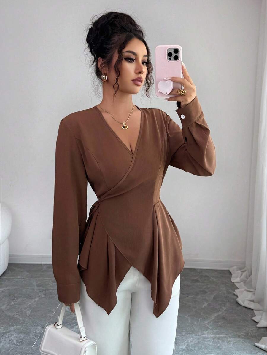 Elenzga Camisa elegante francesa de mujer con cintura ceñida y mangas largas, blusa elegante y con estilo - Café integral - Ver 1