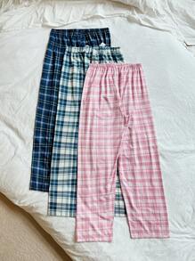 SHEIN 3pcs Women's Casual Satin Bow Elastic Waist Plaid Print Pajama Pants, Sleepwear Plaid Pants, Fall Clothes Cozy And Elegant Details, Winter