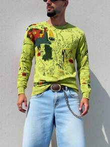 Manfinity Homme 男士时尚涂鸦图案圆领毛衣 - 橄欖綠 - 查看 5