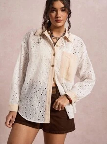 SHEIN VCAY 大码女式撞色刺绣单排扣口袋休闲衬衫外出上衣女式教师西部复古秋冬大码波西米亚风旧式女装 - 彩色 - 查看 5