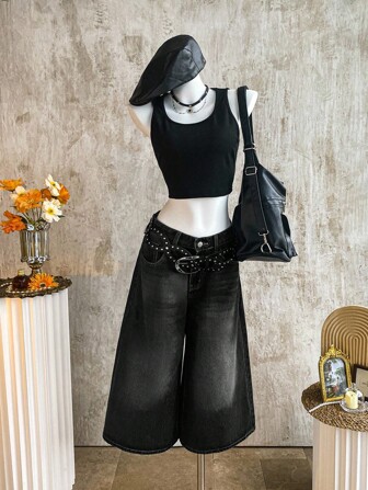 K-Vae Black Denim Capris For Women Wide Leg All Over Printed Style Cowboy Pants For Women Rhinestone Pants Wide Leg Pants Set