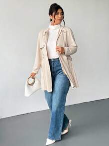 Firerie Plus Size Women's Cinched Waist A-Line Suede Fabric Beige Trench Coat, Loose Fit Midi Length Jacket; Suitable For Valentine's Day, Concerts, Performances, Dates, Formal Dinners, Galas, Weddings, Sexy, Elegant, Commute, Back To School, Romantic, Office Diva, Mermaid Style, Birthday Party/Slightly Elastic Waist Umbrella-Style Long-Sleeved Trench Coat Autumn Winter Clothes For Women