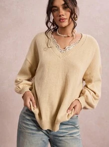 SHEIN VCAY Pulover lejer cu guler în V și dantelă contrastantă, mărime plus, pentru femei, casual, de zi cu zi, pentru naveta zilnică, toamnă