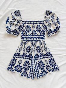 Soleia Women's Green & White Retro Printed Square Neck Puff Sleeve Cinched Waist Wide Leg Jumpsuit, Vacation Blue And White Floral Playsuit - Blue and White - View 7