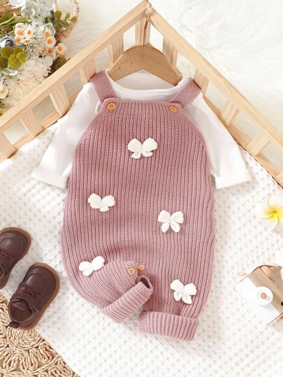 SHEIN Pink Toddler Girl Ruffled Butterfly Decor Knitted Strap Romper Baby Girl Knitted Romper Baby Girl Sweater Romper Knitted Baby Romper Baby Girl Jumpsuit Baby Girl Winter Outfit Baby Girls Winter Clothes Baby Girls Fall Clothes Baby Girl Fall Outfits