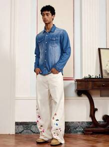 SWAVVY Men's Simple Long Sleeve Casual Denim Jacket, Fall, Plain, Flap Pocket Detail, Grunge, Urban, Work - Blue - View 5