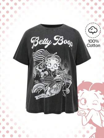 Betty Boop | ROMWE Camiseta de manga corta con gráfico de letra y figura de dibujos animados para talla grande