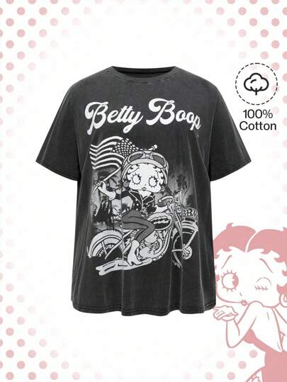 Betty Boop | ROMWE تي شيرت كم قصير مطبوع بأرقام وأشكال كرتونية لأحجام كبيرة