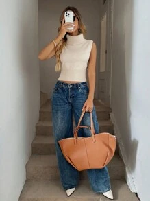 Easowa Áo len dệt kim không tay ôm sát cổ cao, dáng rộng thoải mái, phong cách cổ điển dành cho nữ - Màu be - Xem 4