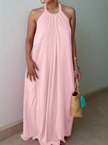 Đầm hở lưng cổ yếm thanh lịch mùa hè cho nữ - Hồng - Xem 1