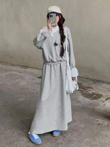 DAZY 女士不对称领长袖卫衣半裙两件套，秋冬款 - 深灰色 - 查看 5