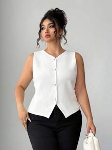 Elenzga Áo len không tay cổ chữ V màu trơn cỡ lớn cài nút phía trước - trắng - Xem 6